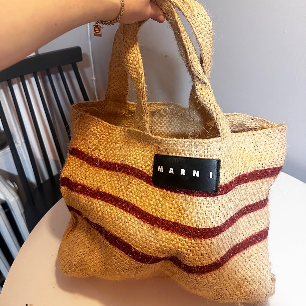 Authentic Marni Market Jute/Hemp Stripe Tote Bag - Red/Natural